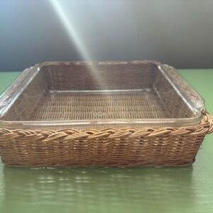 Vintage Anchor Hocking Fire-King Wicker Tray & Glass Baking Dish